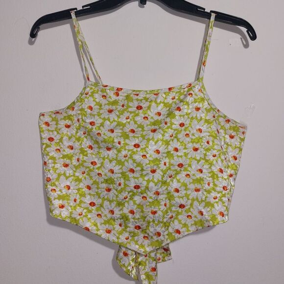 Molly Green Women's  Satin Triangle Daisy Pattern Green White Halter Top Size L - Picture 1 of 9